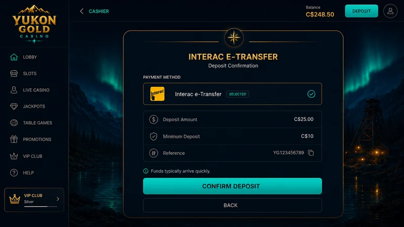 Interac e-Transfer deposit flow in Canadian dollars at Yukon Gold