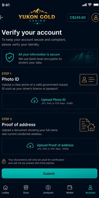 Account verification upload screen on Yukon Gold mobile