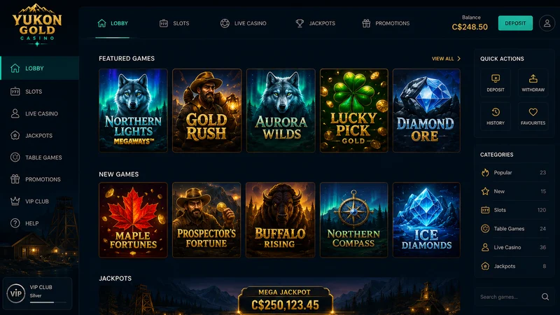 Yukon Gold Casino slots lobby on desktop in Canadian dollars